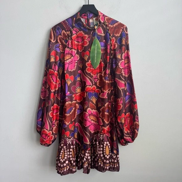 NEW Farm Rio Long Sleeve Mini Dress in Bright Flora Brown Size Large - Picture 4 of 16
